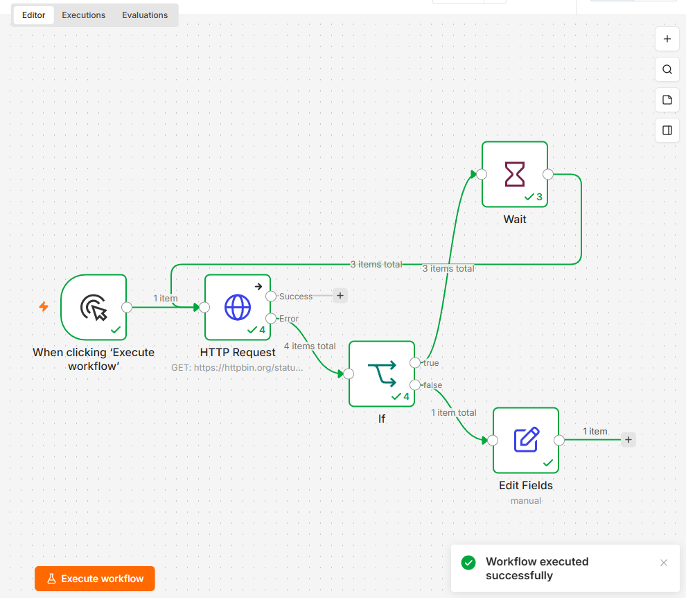 n8n exponential backoff loop with Wait node wired back into the HTTP node