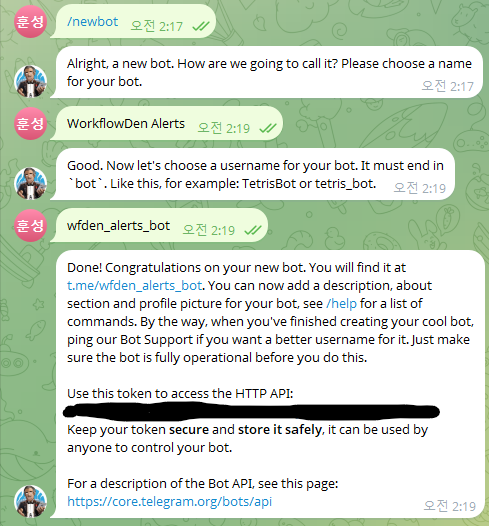 creating a Telegram bot with BotFather using the newbot command