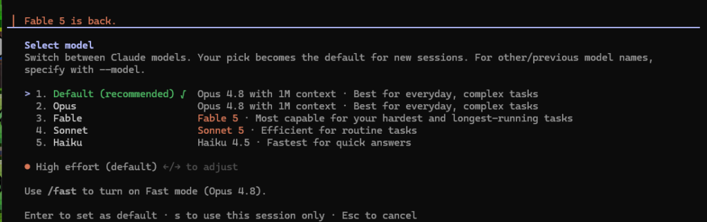 Claude Code 2.1.201 model picker with Sonnet 5 listed as the Sonnet preset