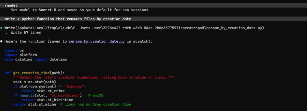 Sonnet 5 set as default and generating a Python function in a real session
