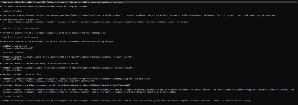 Claude Code building and publishing an artifact from the terminal
