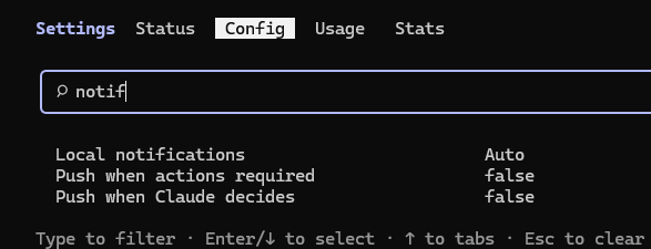 Claude Code /config screen showing Local notifications and mobile push settings on v2.1.216