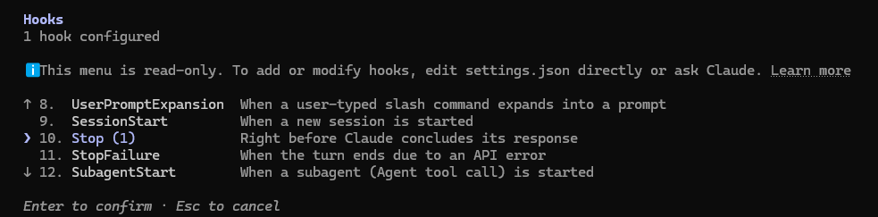 Claude Code /hooks menu showing one configured Stop hook