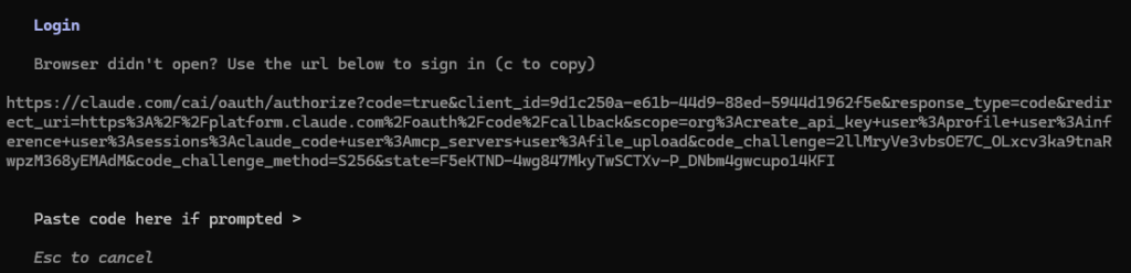 Claude Code login fallback URL screen when the browser does not open
