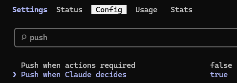Claude Code mobile push notification settings in the /config menu