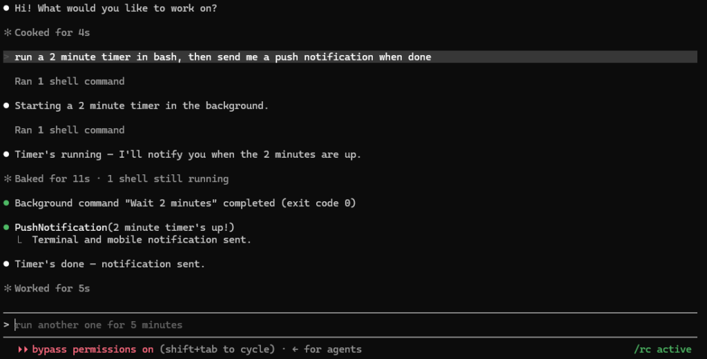 Claude Code transcript showing a mobile push reported as sent that never arrived on Android