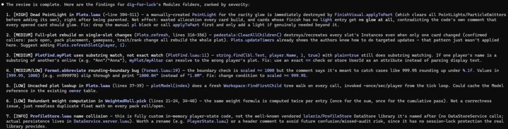 final code review findings returned by the reviewer subagent, ranked by severity