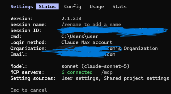 Claude Code /status screen showing the login method on v2.1.218