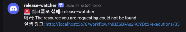 Discord error alert from the n8n global error workflow after a GitHub release notes fetch returned 404