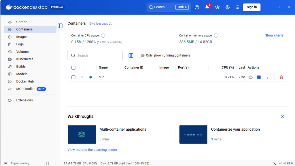 Docker Desktop showing the n8n container running and using 386 MB of memory