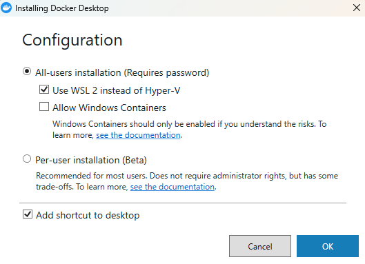Docker Desktop installer configuration with WSL 2 option checked