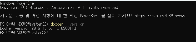 PowerShell showing Docker version 29.6.1 installed on Windows
