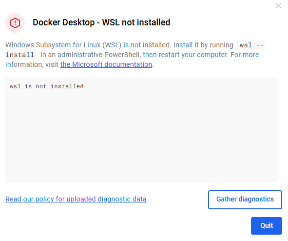 Docker Desktop error dialog saying WSL is not installed on Windows 11