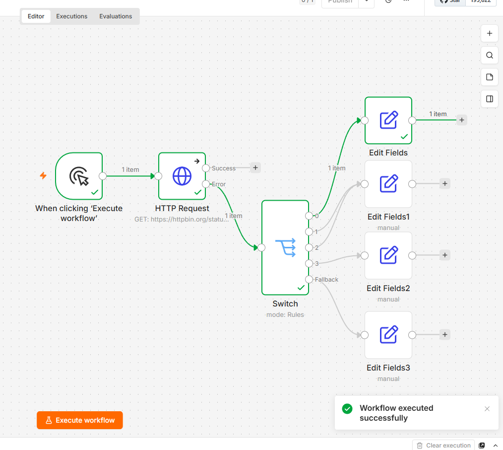 n8n Switch routing a 429 error to the wait-and-retry path