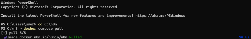 docker compose pull downloading the n8n 2.30 image in 94 seconds