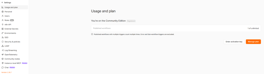 n8n settings showing version 2.30.7 with the registered community license intact