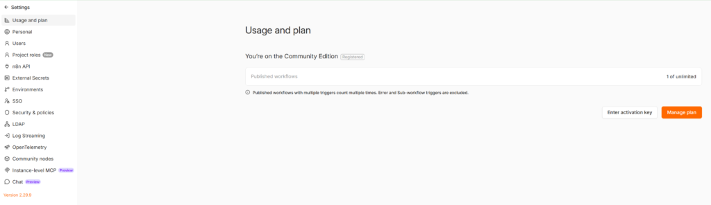 n8n settings showing version 2.29.9 before the upgrade