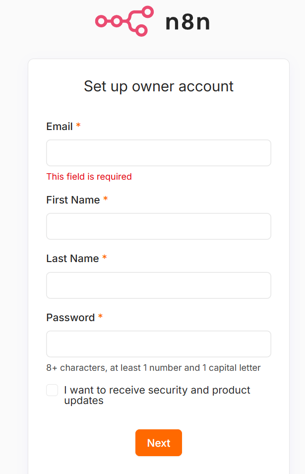 n8n owner account setup screen on first launch
