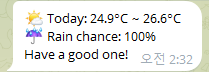clean three-line weather alert from an n8n Telegram bot without the attribution footer