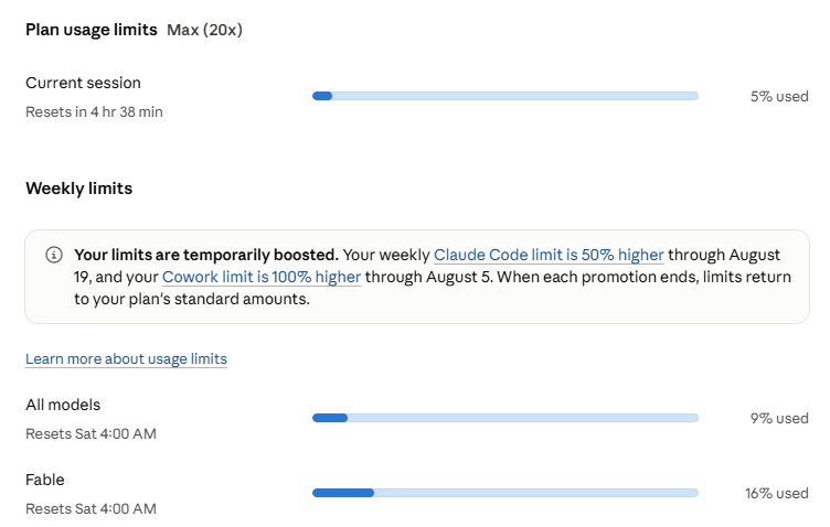 Claude usage screen on July 20 showing the boost extended through August 19 and a new Cowork promotion